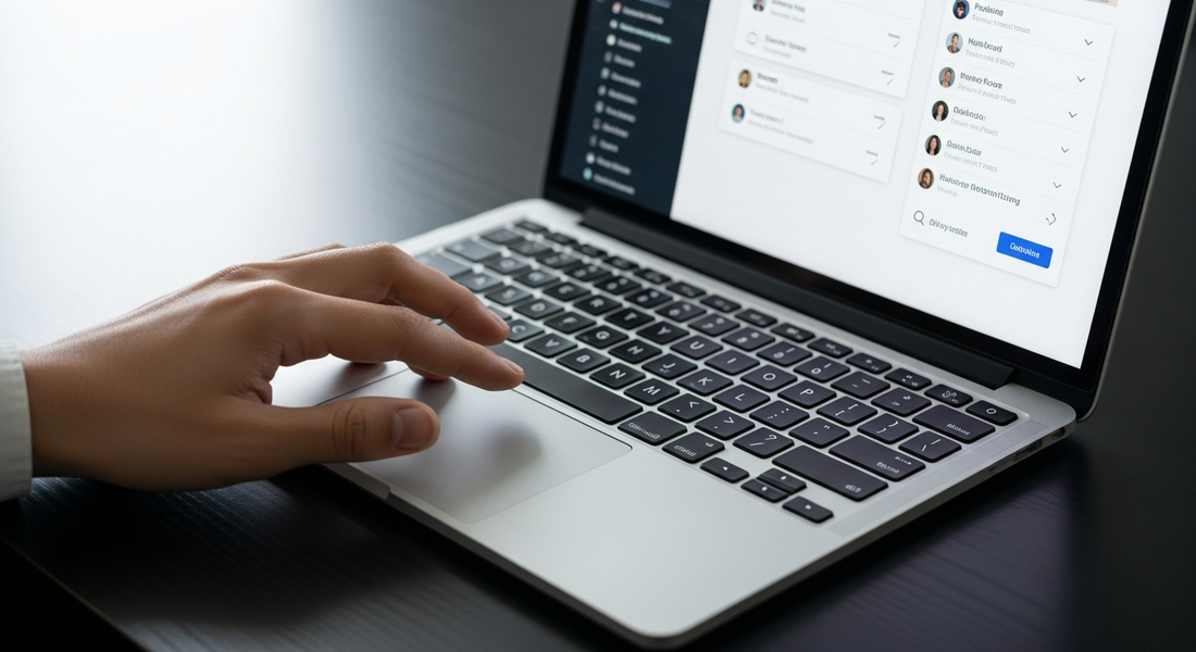A user's hand selects options on a computer screen, navigating admin settings to enable customer event permissions.