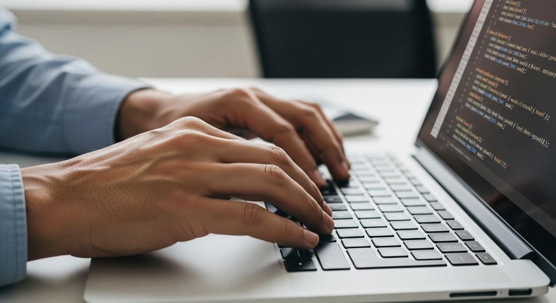 Developer's hands typing code on a laptop, representing Shopify Liquid theme updates for enhanced backend reliability.